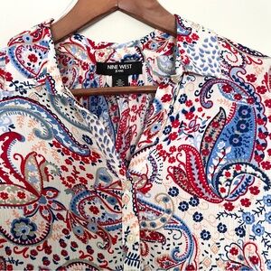 NINE WEST 100% Viscose Paisley Summer Blouse Shirt White Blue, Medium